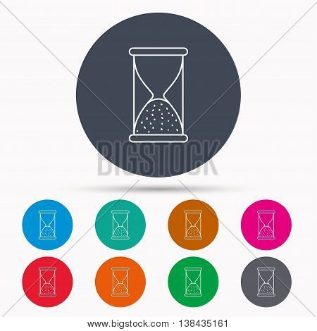 Hourglass icon. Sand end time sign. Hour ends symbol. Icons in colour circle buttons. Vector
