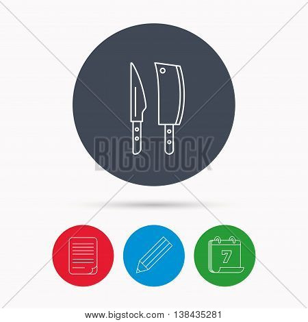 Butcher and kitchen knives icon. Chef tools symbol. Calendar, pencil or edit and document file signs. Vector