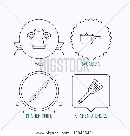 Saucepan, kithcen knife and utensils icons. Vase linear sign. Award medal, star label and speech bubble designs. Vector