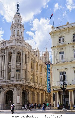 HAVANA, CUBA - MARCH 17, 2016: The historic Hotel Inglaterra and the Great Theater near Central Park in Havana the capital of Cuba