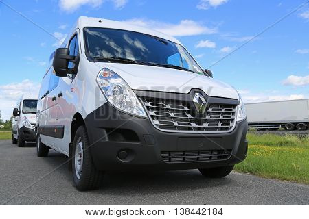 FORSSA, FINLAND - JULY 9, 2016: New white Renault Master van close up. The design of the vehicle boasts a new grille.