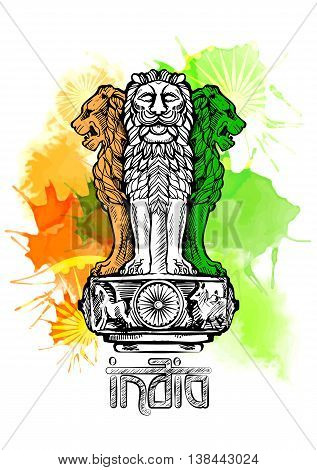 Lion capital of Ashoka in Indian flag color. Emblem of India. Watercolor texture backdrop.