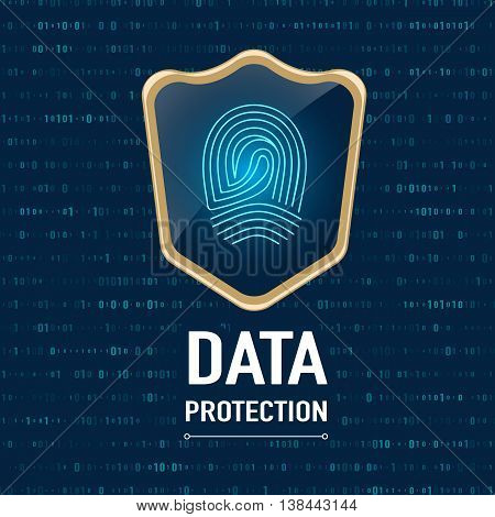 Vector : Data Protection Concept, Gold Sheild Protect A Finger Print (privacy Data) On Navy Blue Bac