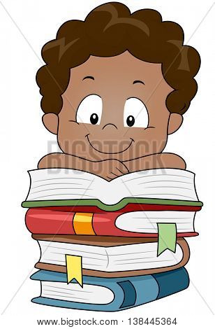 Illustration of a Kid Resting His Arms on a Pile of Books