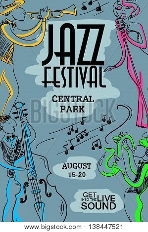 Colorful musical creative poster with singer saxophone trumpet and contrabass players. Jazz festival design concept invitation.
