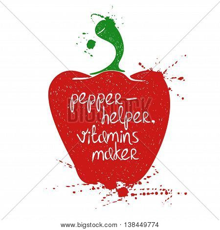 Hand drawn illustration of isolated colorful pepper silhouette on a white background. Typography poster with creative poetic quote inside - pepper-helper vitamins maker.