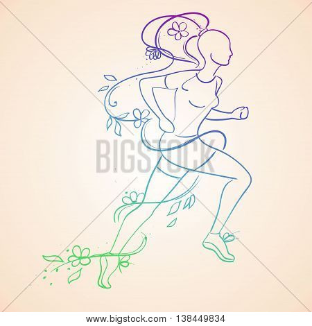 Illustration of isolated colorful running beautiful woman silhouette. Runner girl contour silhouette. Leadership concept.