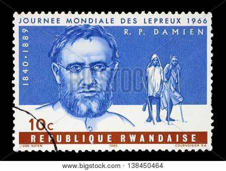 ZAGREB, CROATIA - JULY 03: a stamp printed in Rwanda shows Father Joseph Damien, World Leprosy Day, circa 1966, on July 03, 2014, Zagreb, Croatia