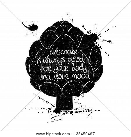 Hand drawn illustration of isolated black artichoke silhouette on a white background. Typography poster with creative poetic quote inside - artichoke is always good for your body and your mood.