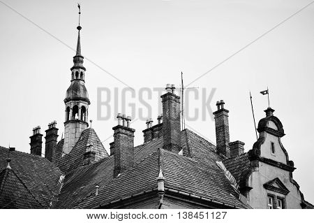Roof Of Schonborn Hunting Castle In Carpaty,transcarpathia,ukraine.  Built In 1890. Black And White