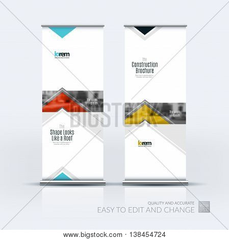 Vector set of modern roll up banner stand design with red arrows, triangles with overlap effect for business with construction, building and modern concept. Corporate vector vertical flyer.