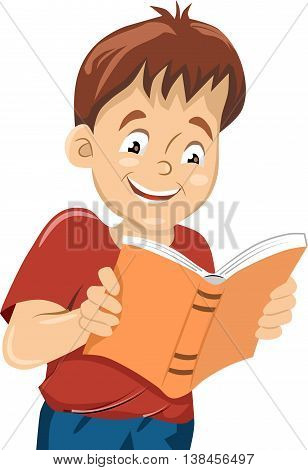 A boy reads a book. Cartoon illustration, isolated object.