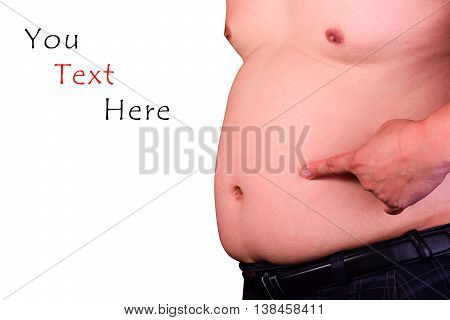 Fat man checking out his weight on white background with copy space