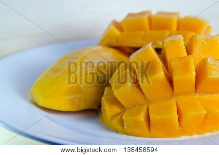 Mango Nicely Sliced On White Plate