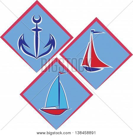Marine emblem.Vector. Three emblem. Anchor and sailboats on a blue background.