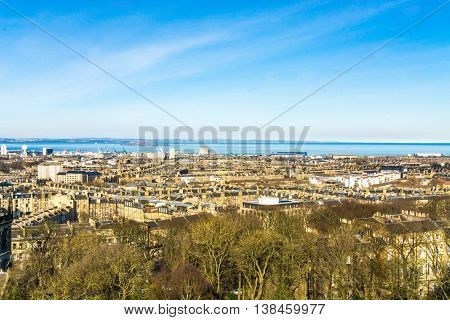 Edinburgh Cityscape From Calton Hill Blue Sky Scotland Uk