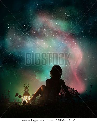 3d computer graphics of a fantasy scene with a girl who is sitting in the grass at night and watching the starry sky
