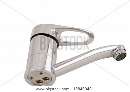 Modern stainless steel tap. Isolated on white background.