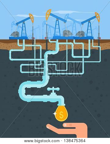 Transform oil to money concept. Get cash from oil pipe. Black gold. Oil pumps. Vector illustration in flat style. Oil and gas industry.