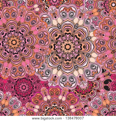 Seamless pattern in oriental style, wrapping-paper with deep pink mandalas design. Floral cover or ethnic style serviette. Indian or chinese concept.
