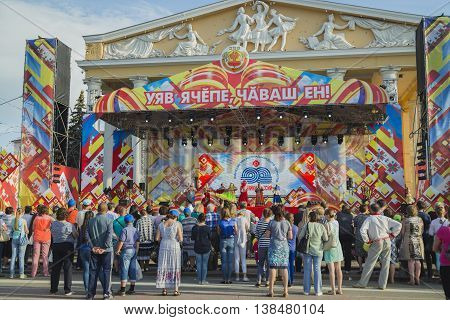 Cheboksary, Chuvashia, Russia - June 24, 2016: Day holiday of the Republic of Chuvashia - people watch perfomance on scene