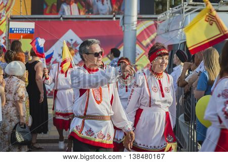 Cheboksary, Chuvashia, Russia - June 24, 2016: Day holiday of the Republic of Chuvashia - guests of festival in national costume