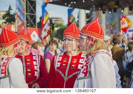 Cheboksary, Chuvashia, Russia - June 24, 2016: Day holiday of the Republic of Chuvashia - guests of festival in national costume