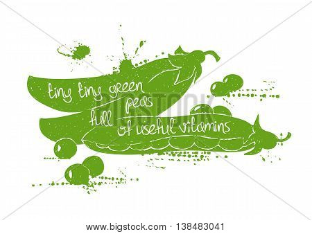 Hand drawn illustration of isolated green peas silhouette on a white background. Typography poster with creative poetic quote inside - tiny tiny green peas full of useful vitamins.