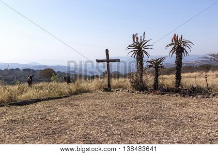 Large Wood Cross In Arid Dry Landscape