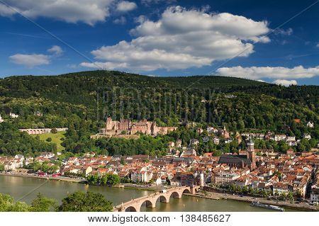 Panorama of Heidelberg with the ruin of the red castle Germany