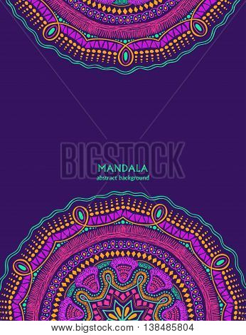 Invitation or card with colorful mandala design. Hand drawn vibrant colorful circle mandala design. Ethnic ornament background.
