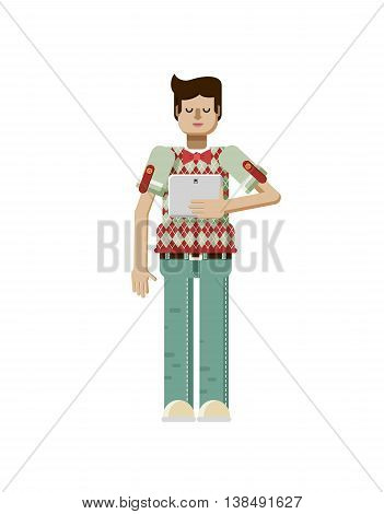 Stock vector illustration isolated of European man with dark hair, man with laptop in hand, man looking into screen of eBook, man in polo shirt with diamond pattern, flat style on white background