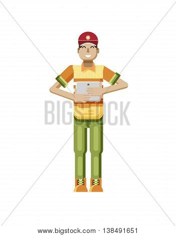 Stock vector illustration isolated of European man with dark hair, huge smile in red cap, man with laptop in hand, man looking into screen of eBook, T-shirt in flat style on white background