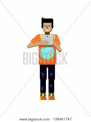 Stock vector illustration isolated of European man with dark hair, man with laptop in hand, man looking into screen of eBook, T-shirt with space system and rocket in flat style on white background