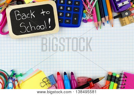 Back To School Chalkboard Tag With School Supplies Double Border On Graphing Paper Background
