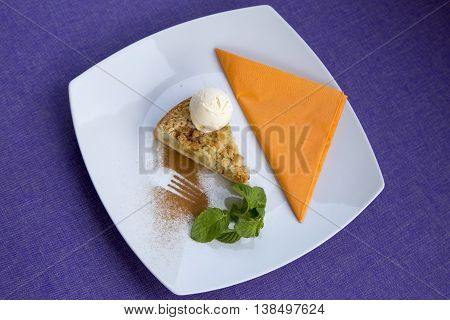 Apple pie dessert decorated with vanilla, mint and cinnamon .