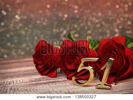 birthday concept with red roses on wooden desk. 3D render - fifty-first birthday. 51st