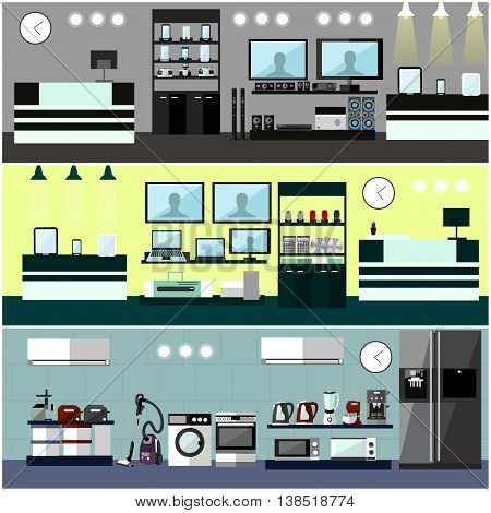 Consumer electronics store Interior. Colorful vector illustration. Design elements and banners in flat style. Laptop, TV, wash machine, phone.