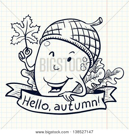 Cute acorn doodle character with marple leaf. Fall season banner