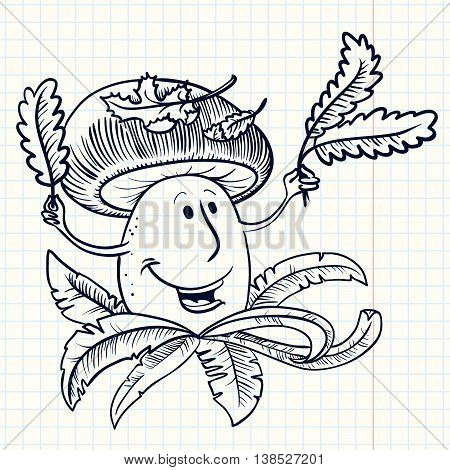 Autumn doodle smiling muchroom character with leaves