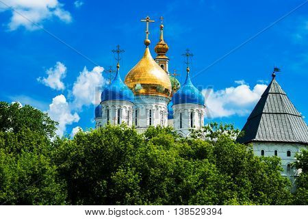Novospassky Monastery With Golden Dome On The Blue Sky Background. Moscow. Russia.