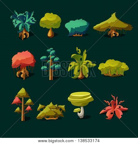 Cartoon nature elements, objects on white background