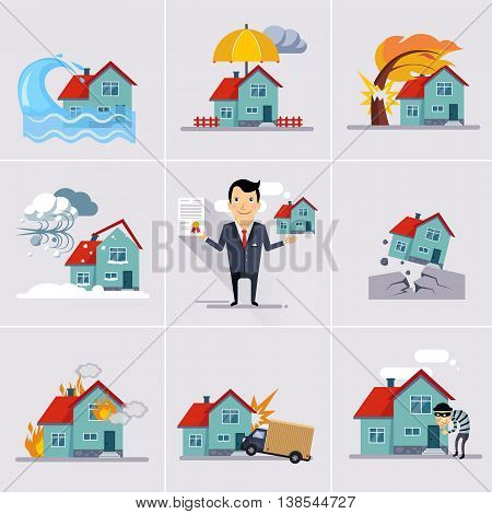 Home and house insurance and risk icons illustration set