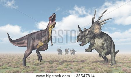 Computer generated 3D illustration with the dinosaurs Tyrannotitan and Styracosaurus