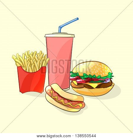Fast food meal in cartoon style. Beverage cup with burger french fries and hot dog. Vector illustration