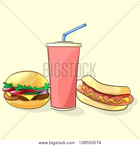 Fast food meal in cartoon style. Beverage cup with burger and hot dog. Vector illustration