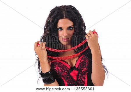 Sexy brunette with red bead necklace, white background