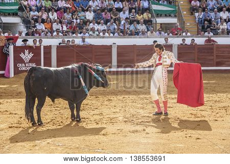 Pozoblanco Spain - September 24 2010: The Spanish Bullfighter Juan Jose Padilla bullfighting with the crutch in the Bullring of Pozoblanco Spain