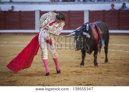 Pozoblanco Spain - September 24 2010: The Spanish Bullfighter Juan Jose Padilla bullfighting with the crutch in the Bullring of Pozoblanco Spain