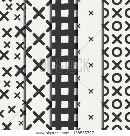 Set of hand drawn geometric seamless ink pattern brush strokes. Wrapping paper. Abstract vector background. Brush strokes. Texture with crosses or pluses. Dry brush. Rough edges illustration.